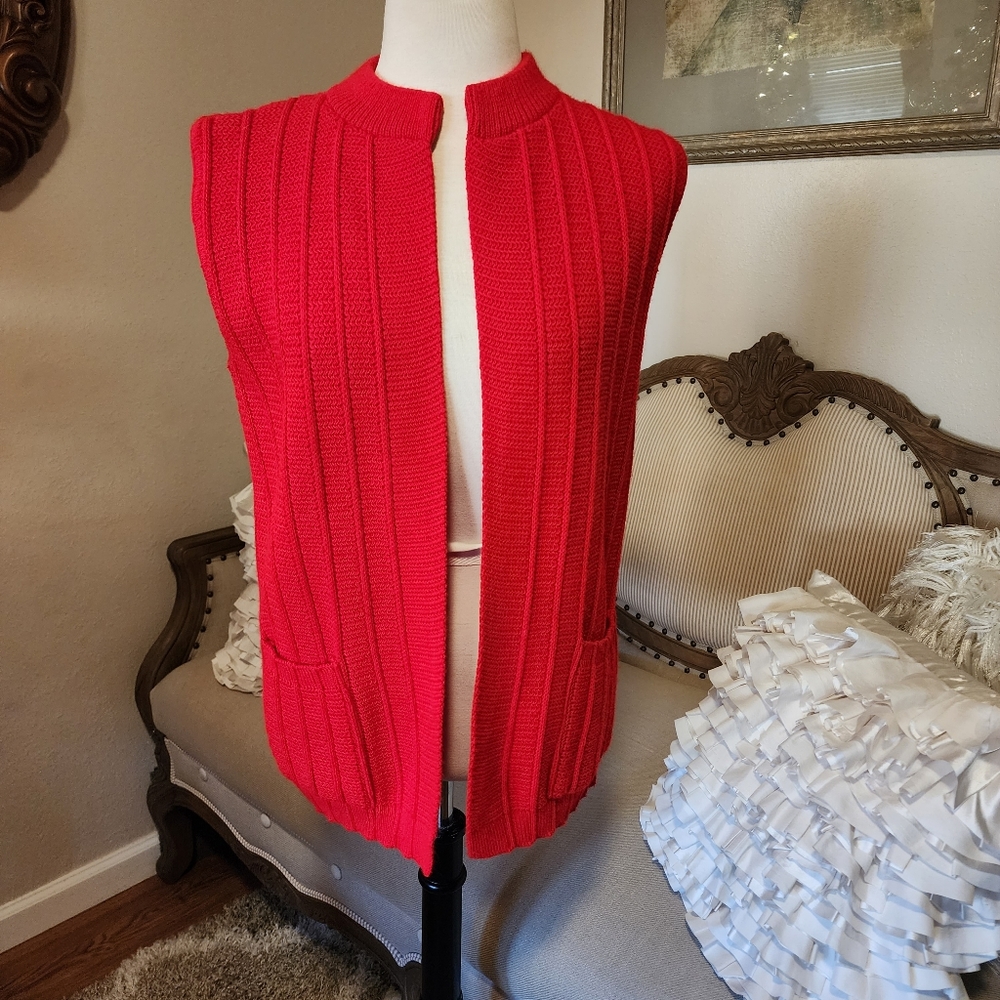 Red Vintage College Point Open Front Cardigan Sweater Vest View 6
